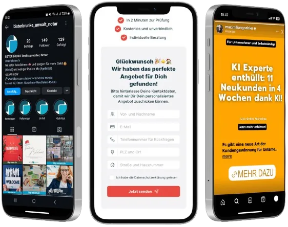 Drei Smartphones mit Kampagnen zur Kundengewinnung