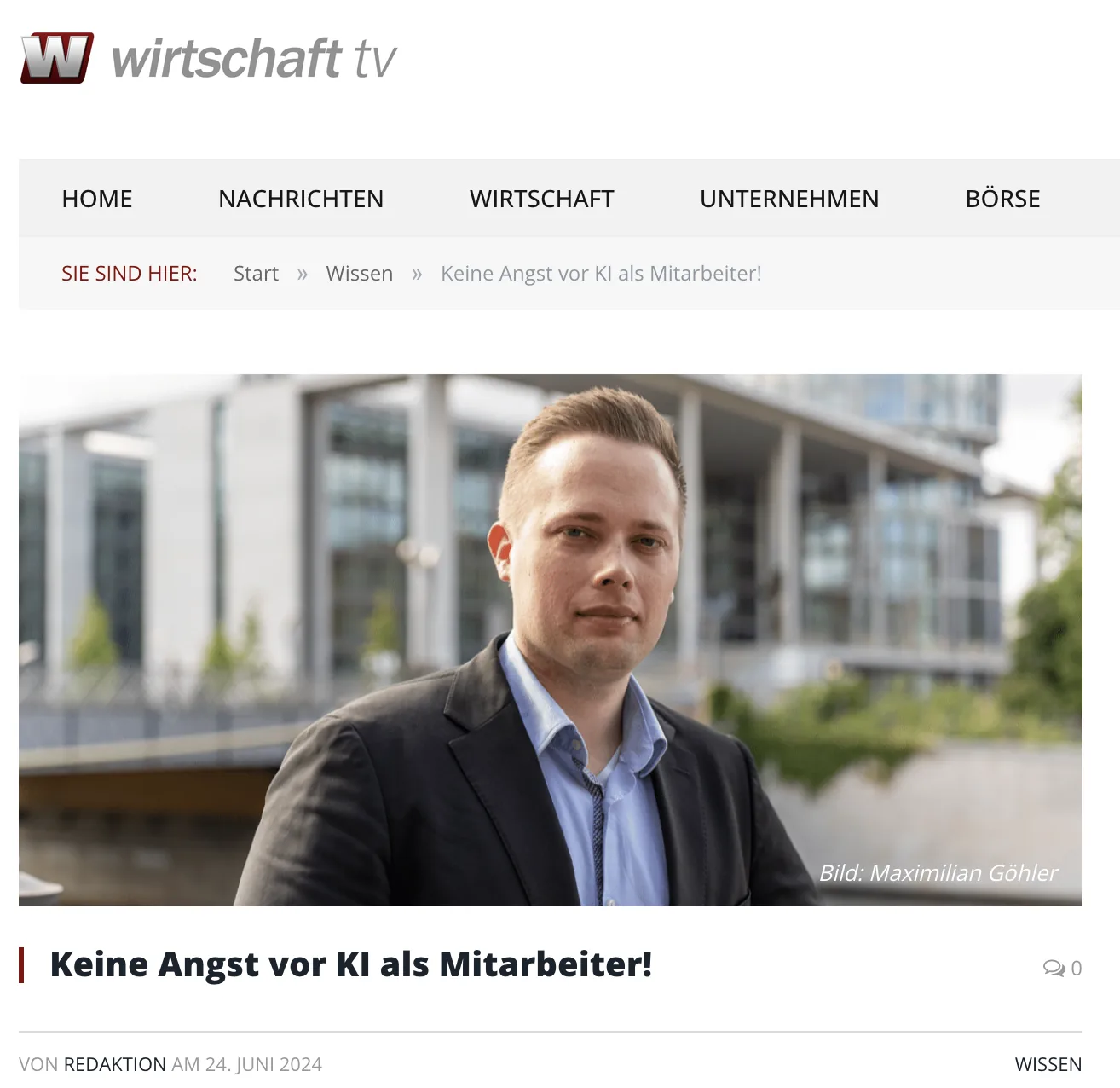 Artikel „Keine Angst vor KI als Mitarbeiter!“ auf wirtschaft tv