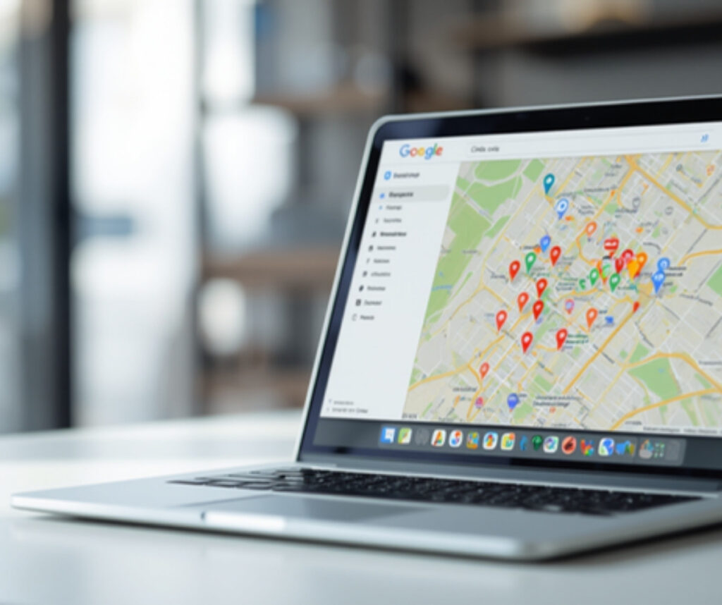 Laptop mit geöffnetem Google Maps und lokalen Unternehmenseinträgen – Google Unternehmensprofil optimieren für mehr Kundenanfragen